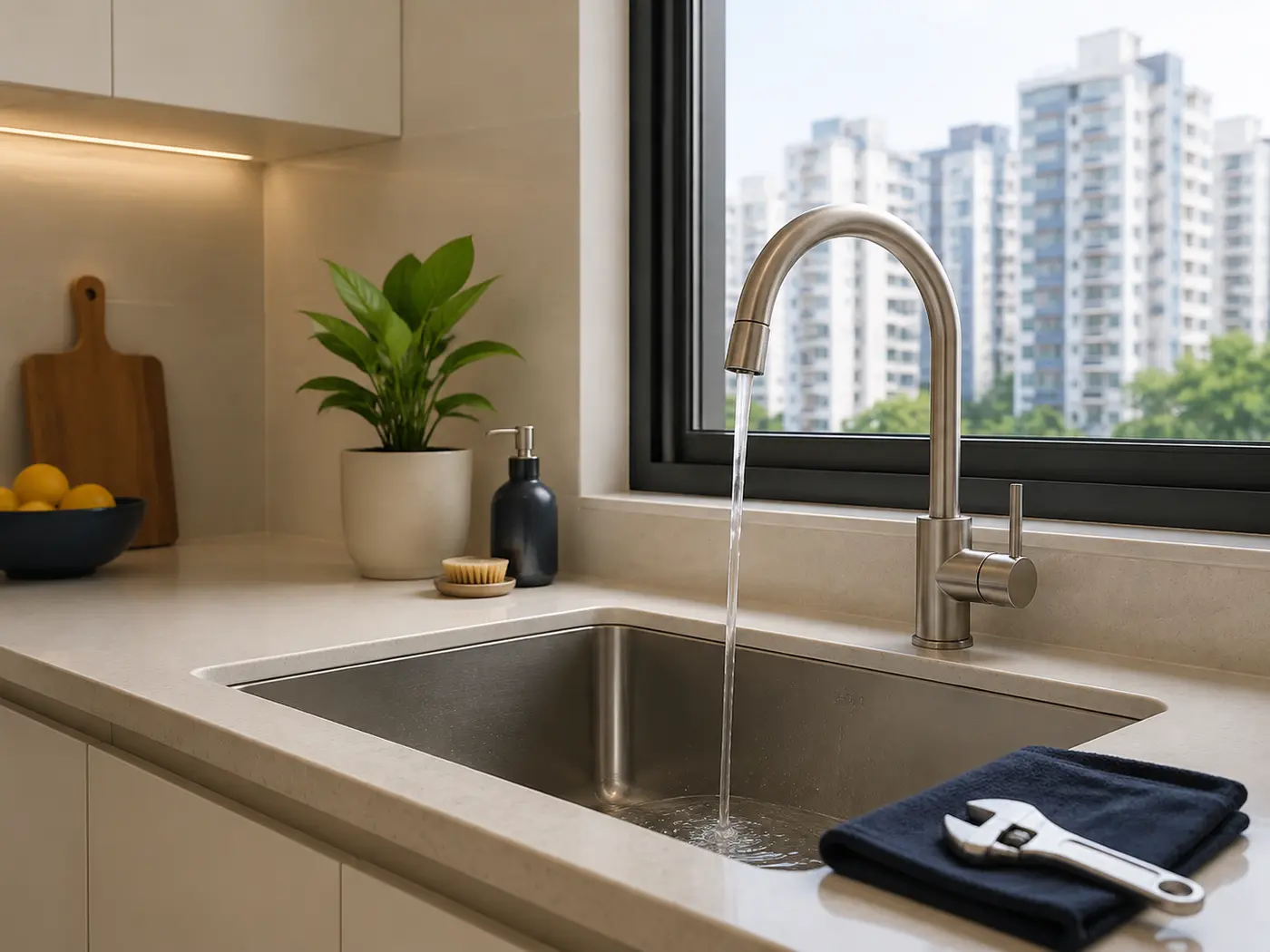 Modern kitchen sink plumbing in a Singapore home